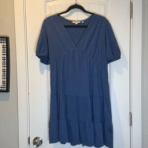 Boden Blue Cotton V-Neck, Puff Sleeve Mini Dress Size 10